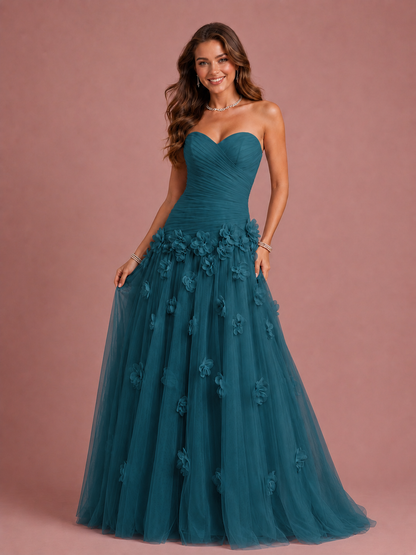 Blush Pink Strapless Sweetheart 3D Floral Tulle Ball Gown Prom Dres