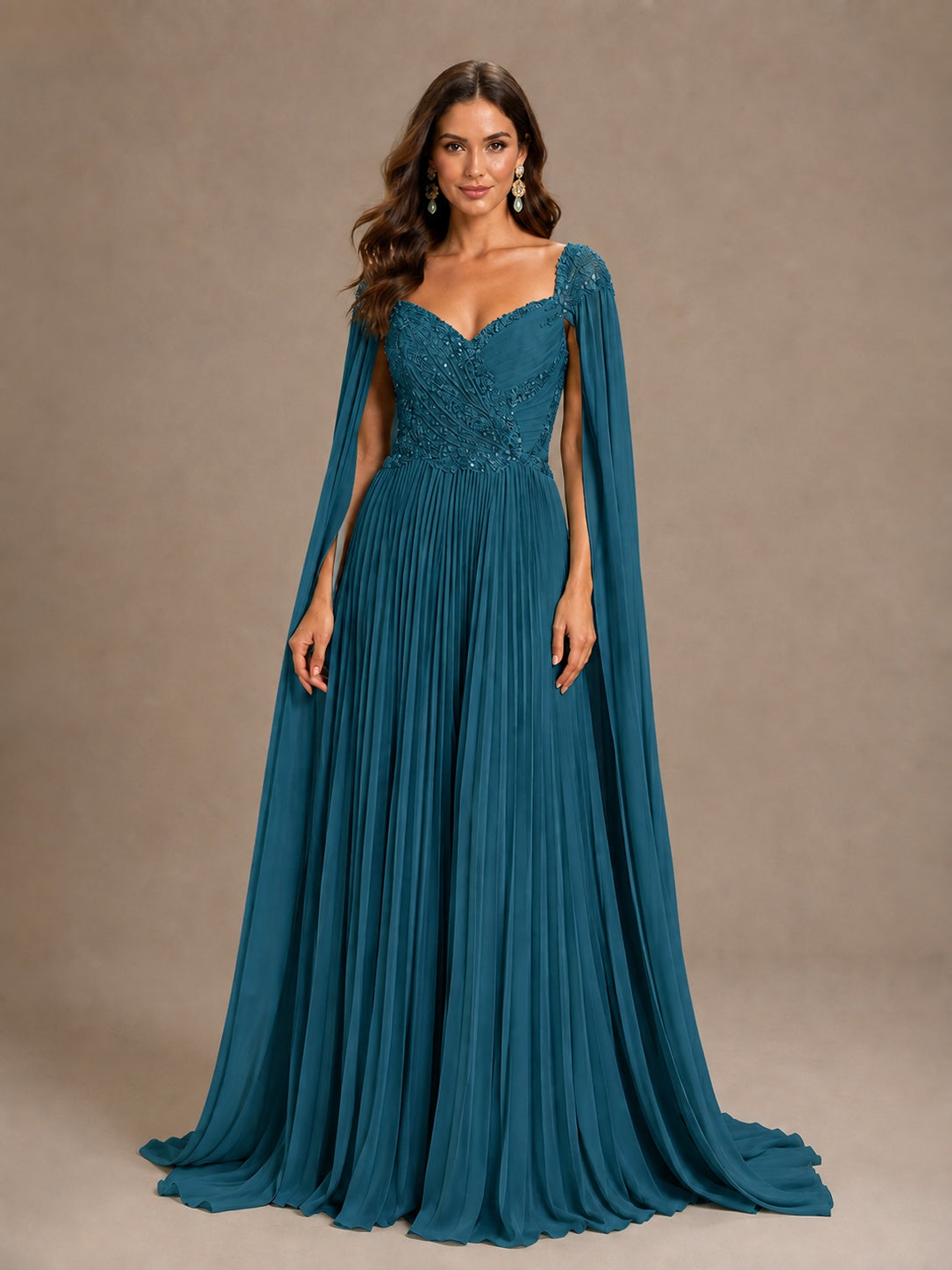 Sage Green Beaded Cape Sleeve Mother of the Bride Dress