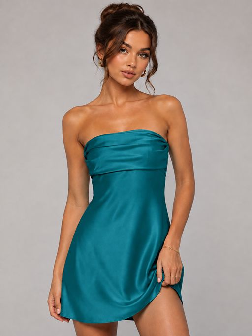 Burnt Orange Strapless Satin Mini Dress