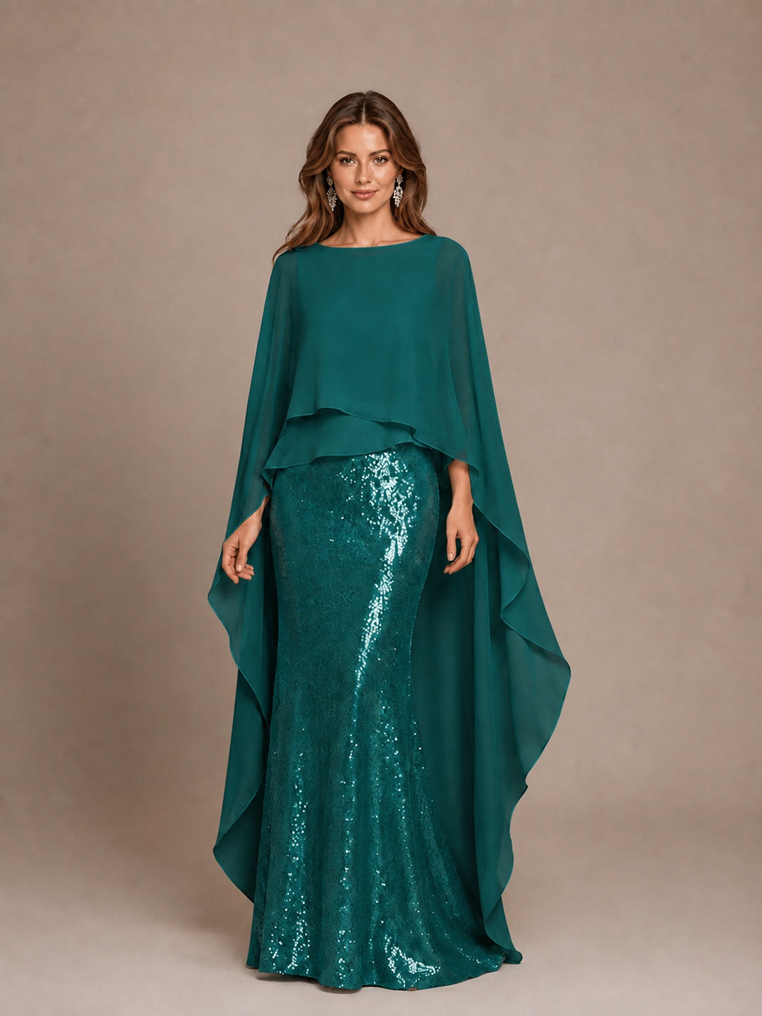 Sage Green Sequin Cape Sleeve Mother of the Bride Gown