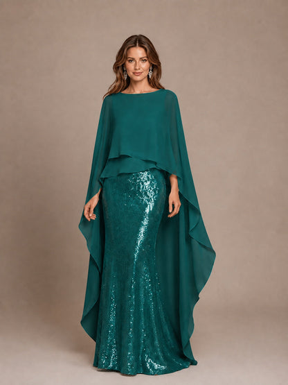 Sage Green Sequin Cape Sleeve Mother of the Bride Gown