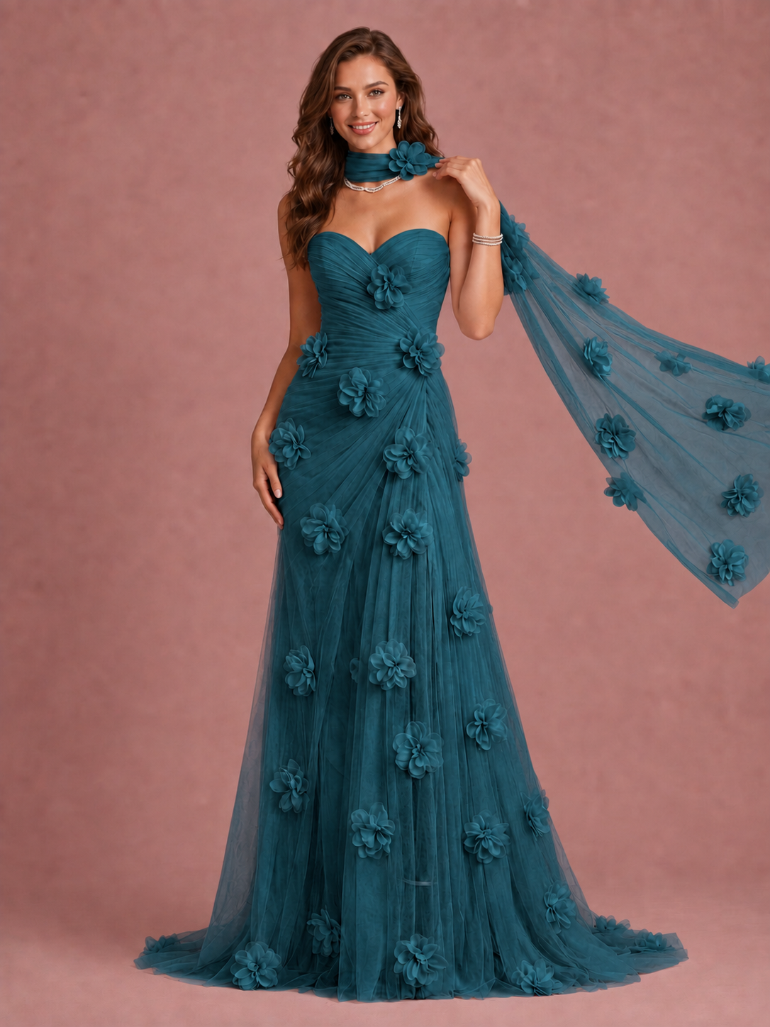 Blush Pink Strapless Sweetheart 3D Floral Tulle Mermaid Prom Dress
