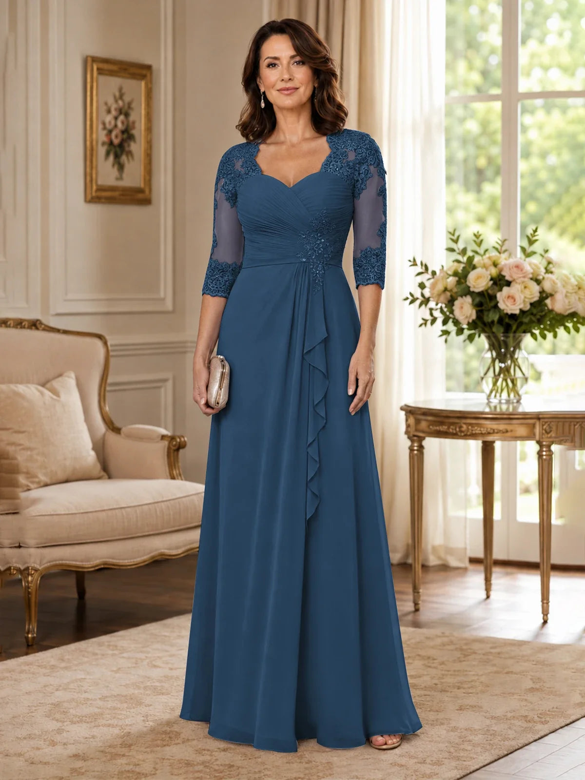 Chiffon Lace Applique Mother of the Bride Dress with 3/4 Sleeves