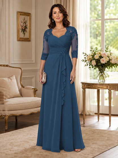 Chiffon Lace Applique Mother of the Bride Dress with 3/4 Sleeves