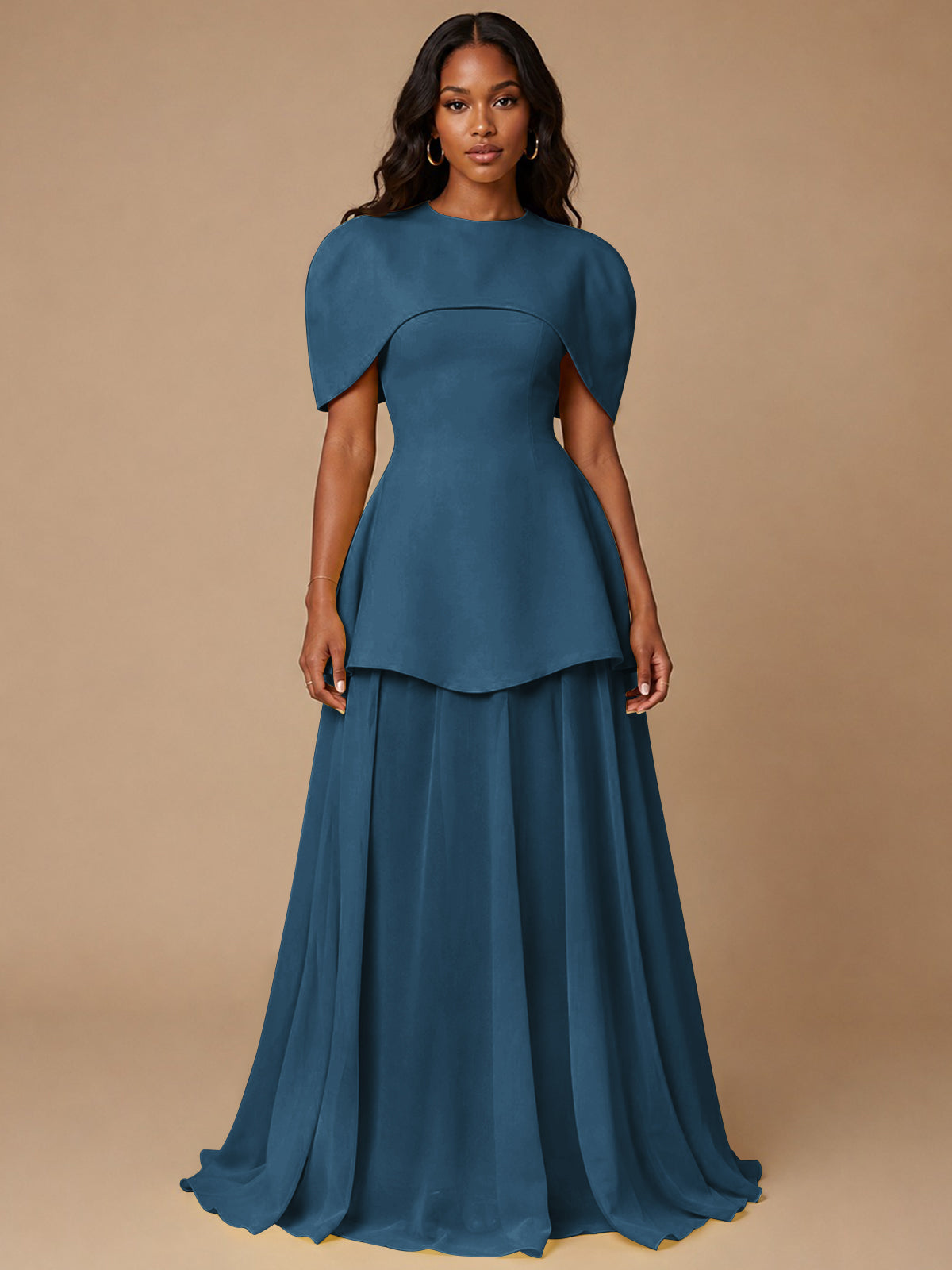 Yellow Cape Sleeve Peplum Maxi Dress