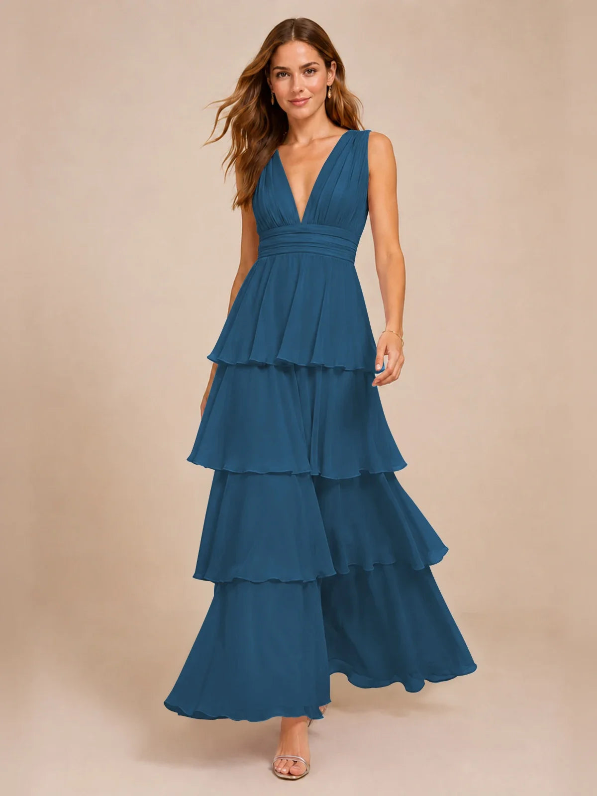 Elegant Deep V Neck Chiffon Bridesmaid Dress with Tiered Ruffles