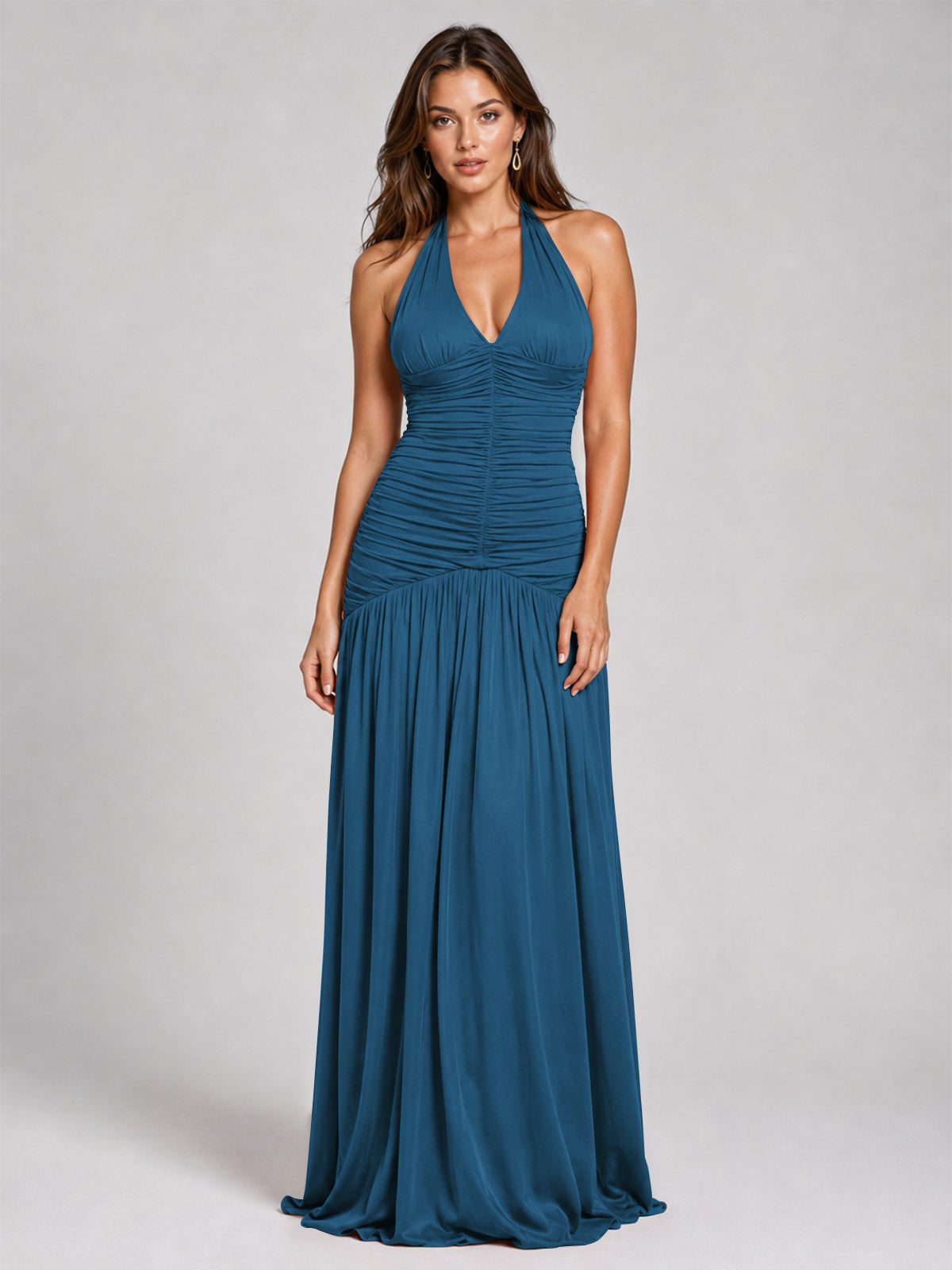 Burnt Orange Ruched Halter Drop-Waist Prom Dress