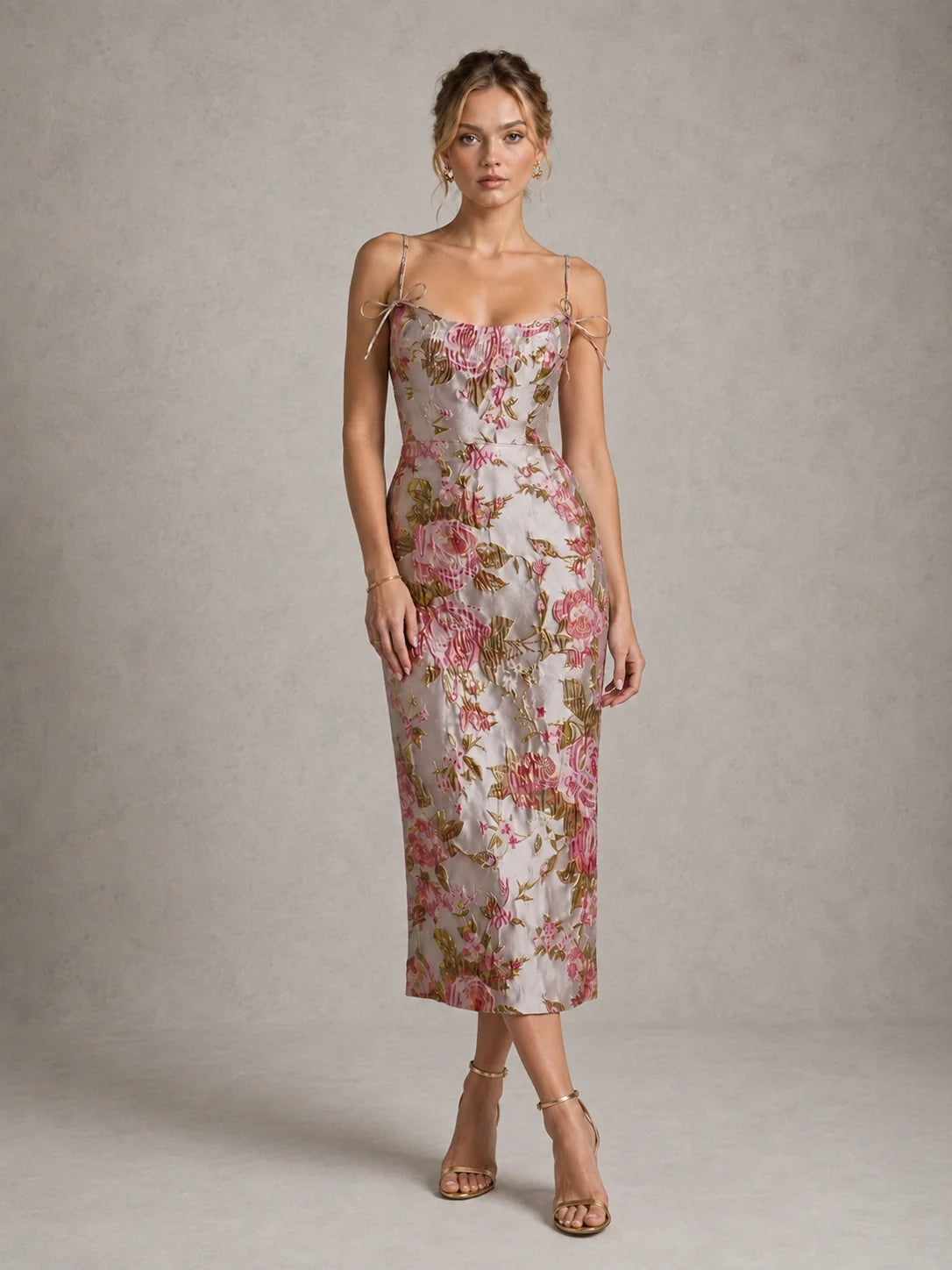 Pink Floral Jacquard Midi Dress with Spaghetti Straps