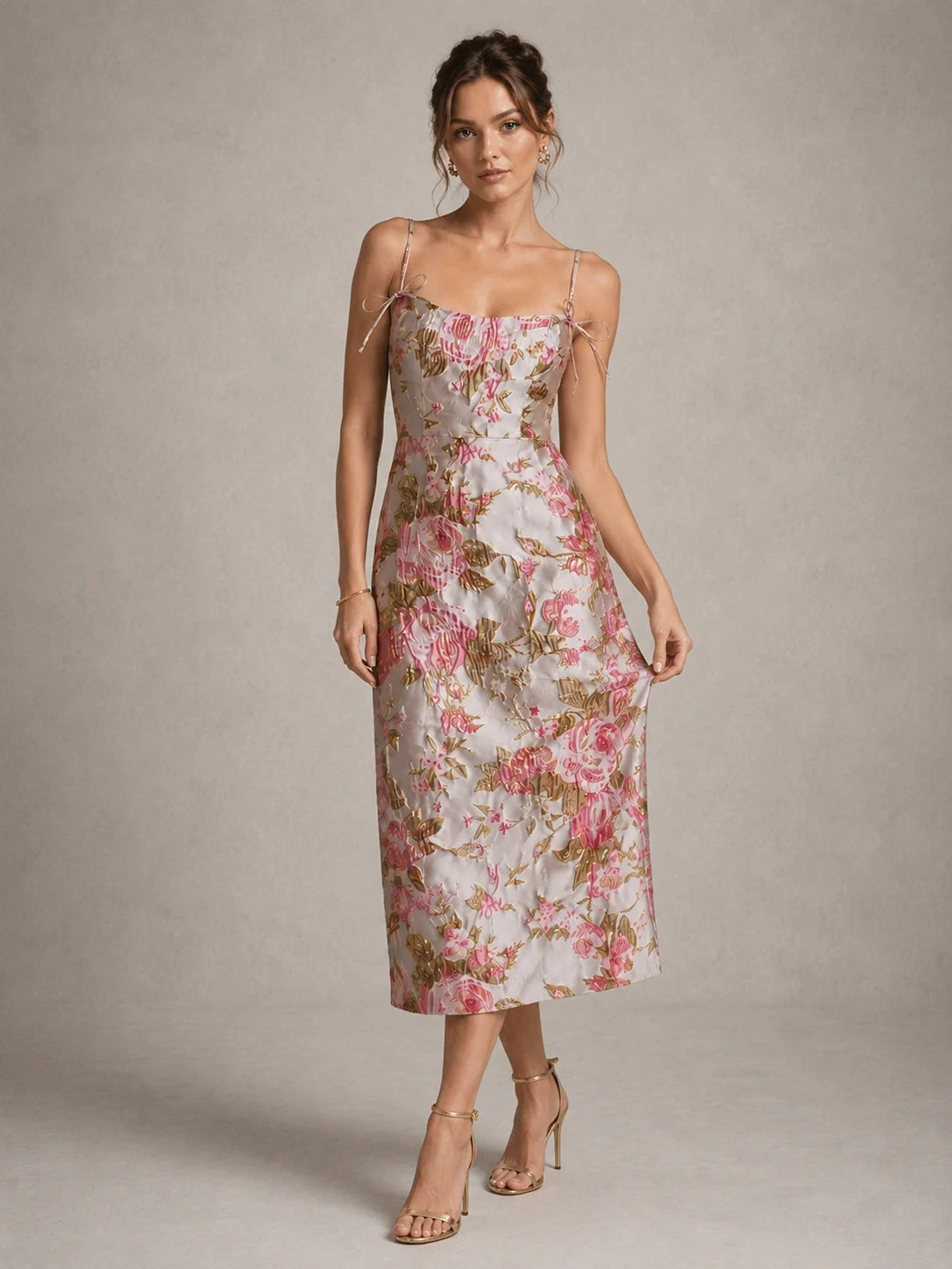 Pink Floral Jacquard Midi Dress with Spaghetti Straps