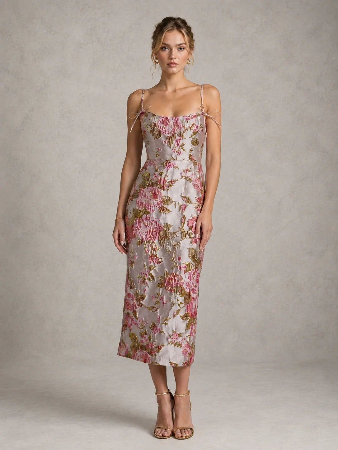 Pink Floral Jacquard Midi Dress with Spaghetti Straps