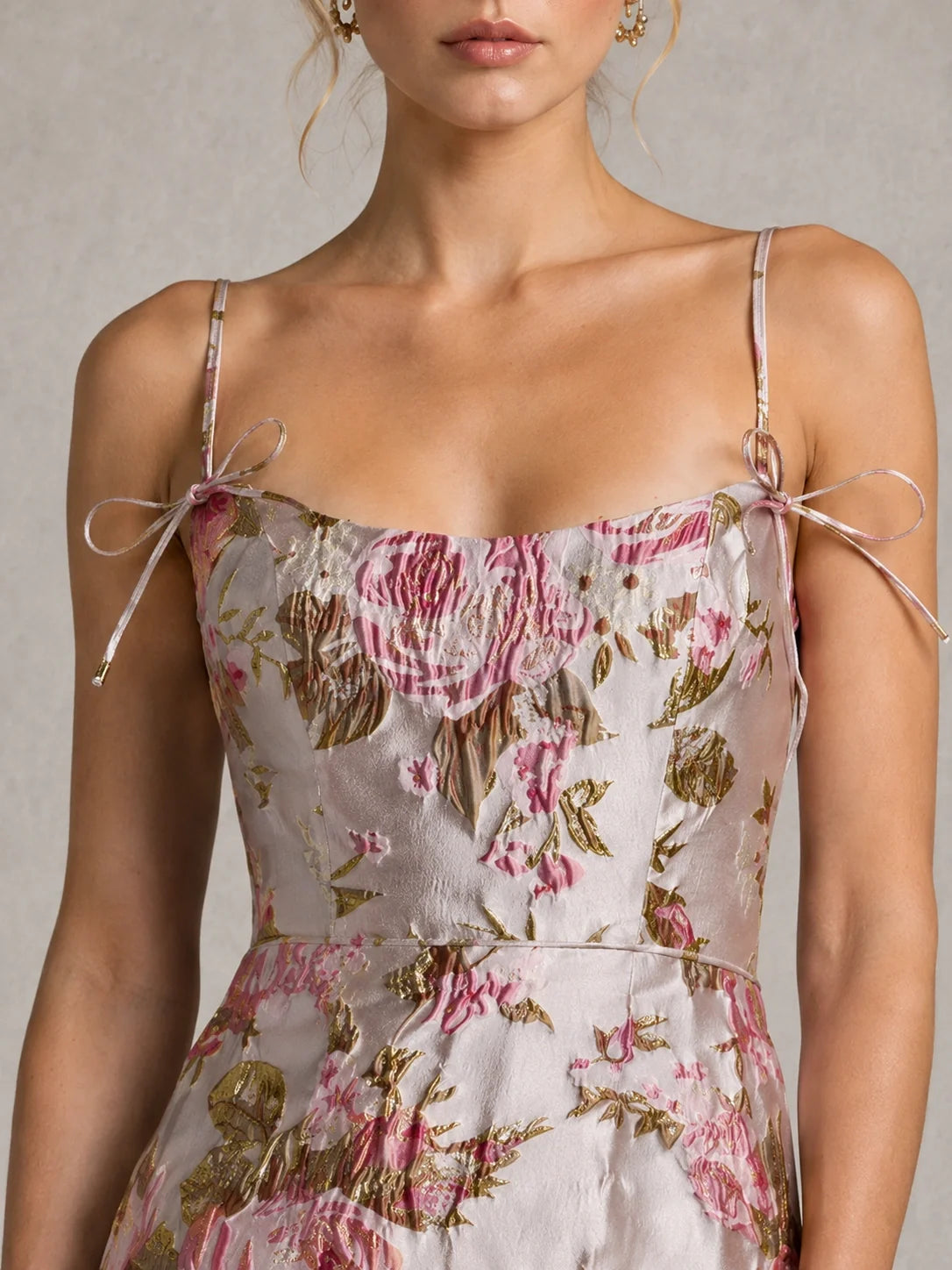 Pink Floral Jacquard Midi Dress with Spaghetti Straps