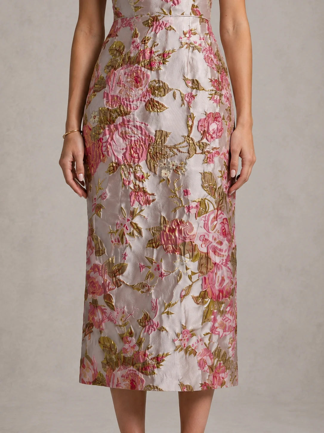 Pink Floral Jacquard Midi Dress with Spaghetti Straps