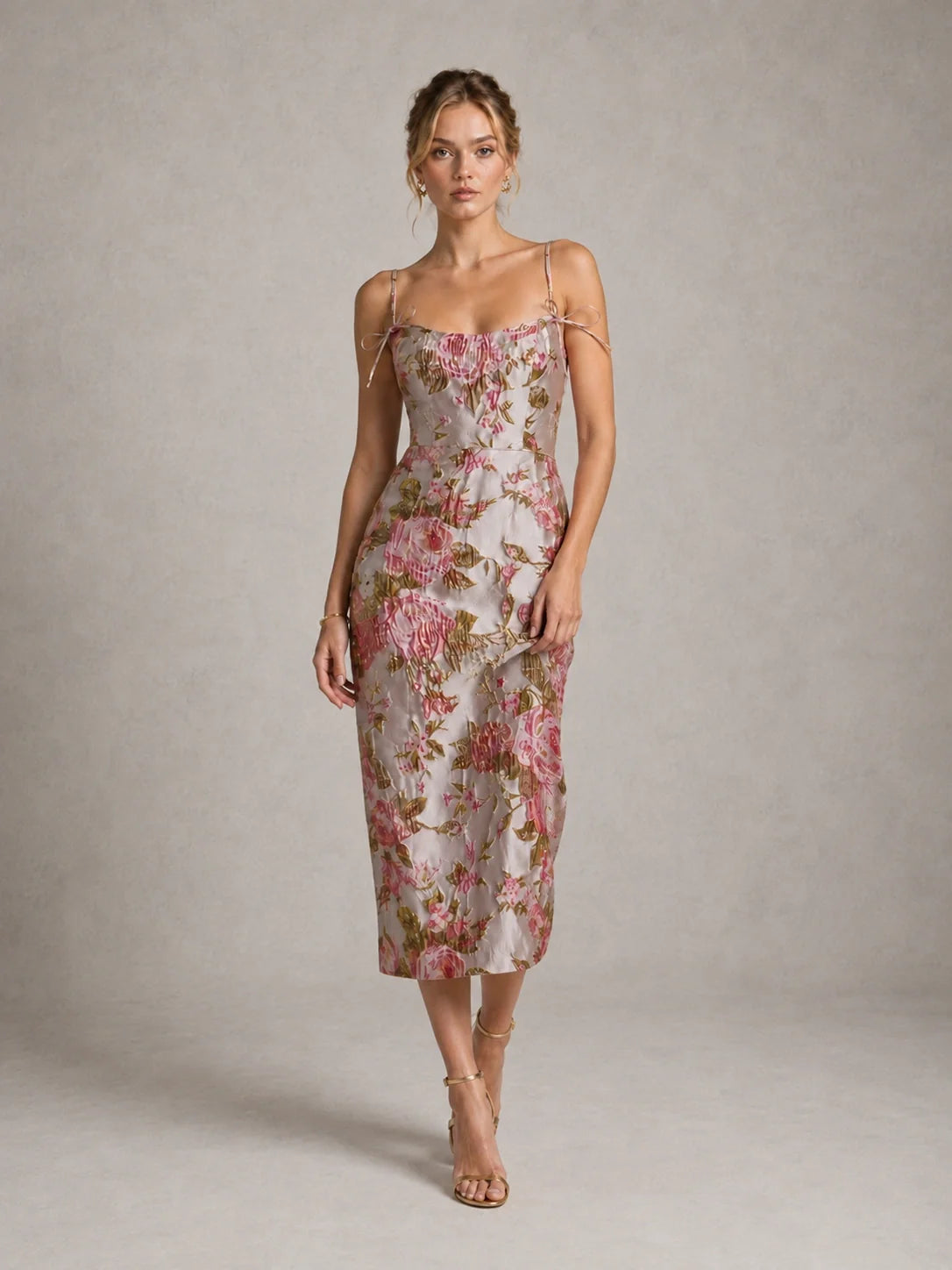 Pink Floral Jacquard Midi Dress with Spaghetti Straps