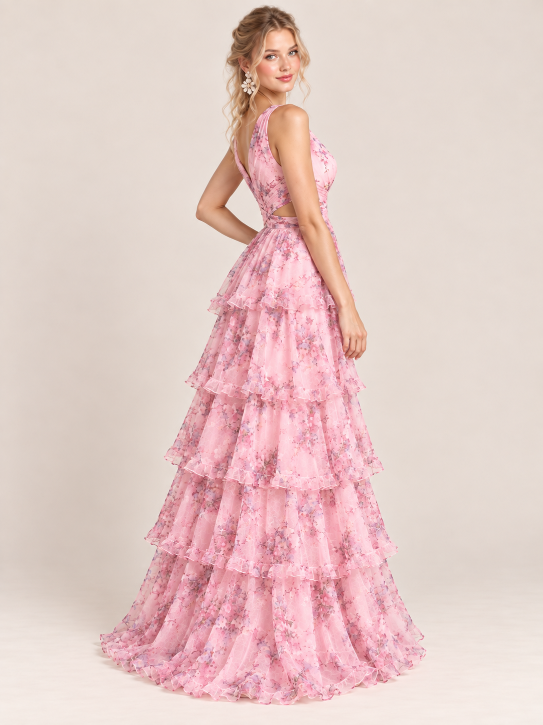 Pink Floral Tiered Ruffle A-Line Prom Dress
