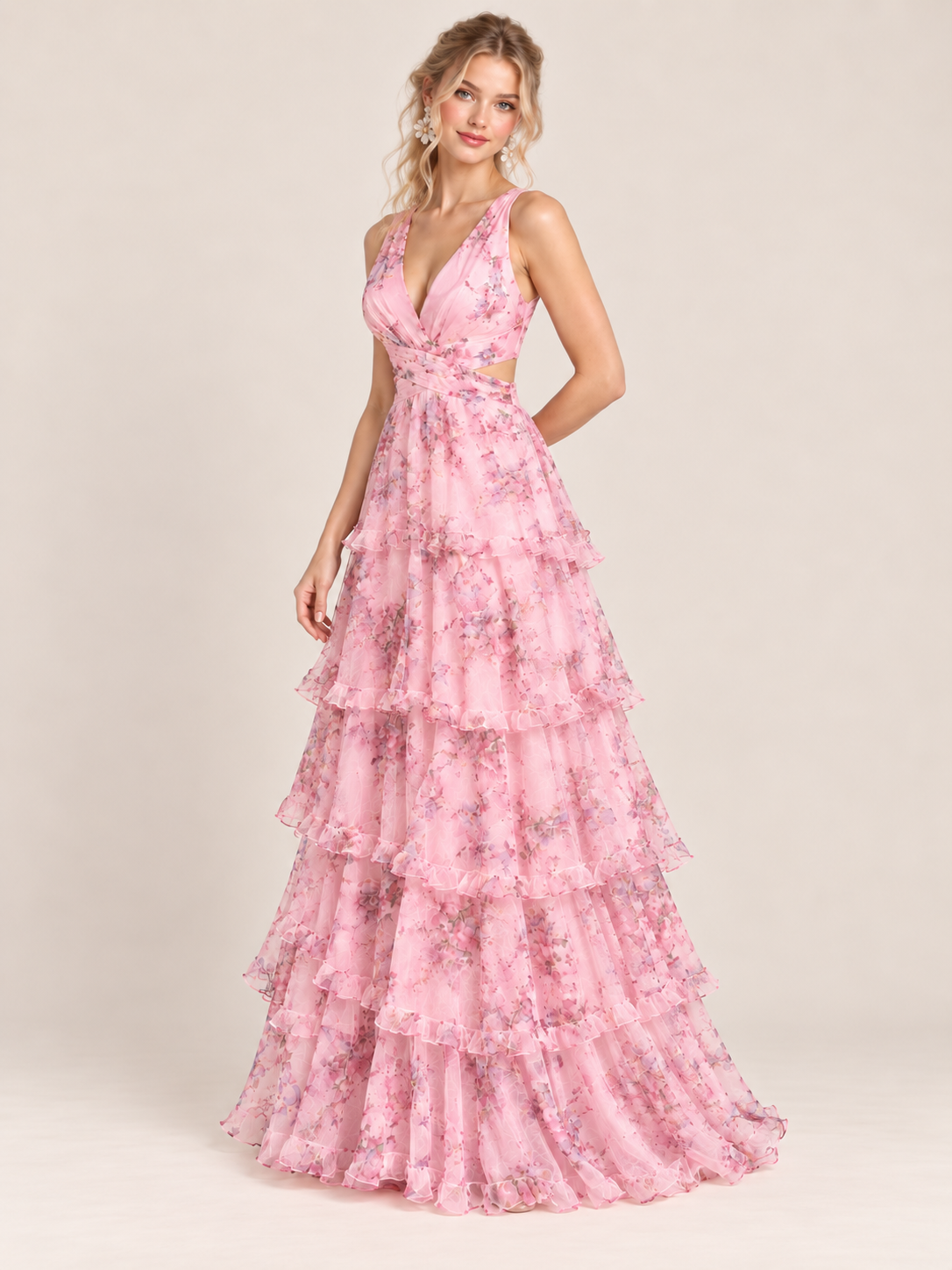 Pink Floral Tiered Ruffle A-Line Prom Dress