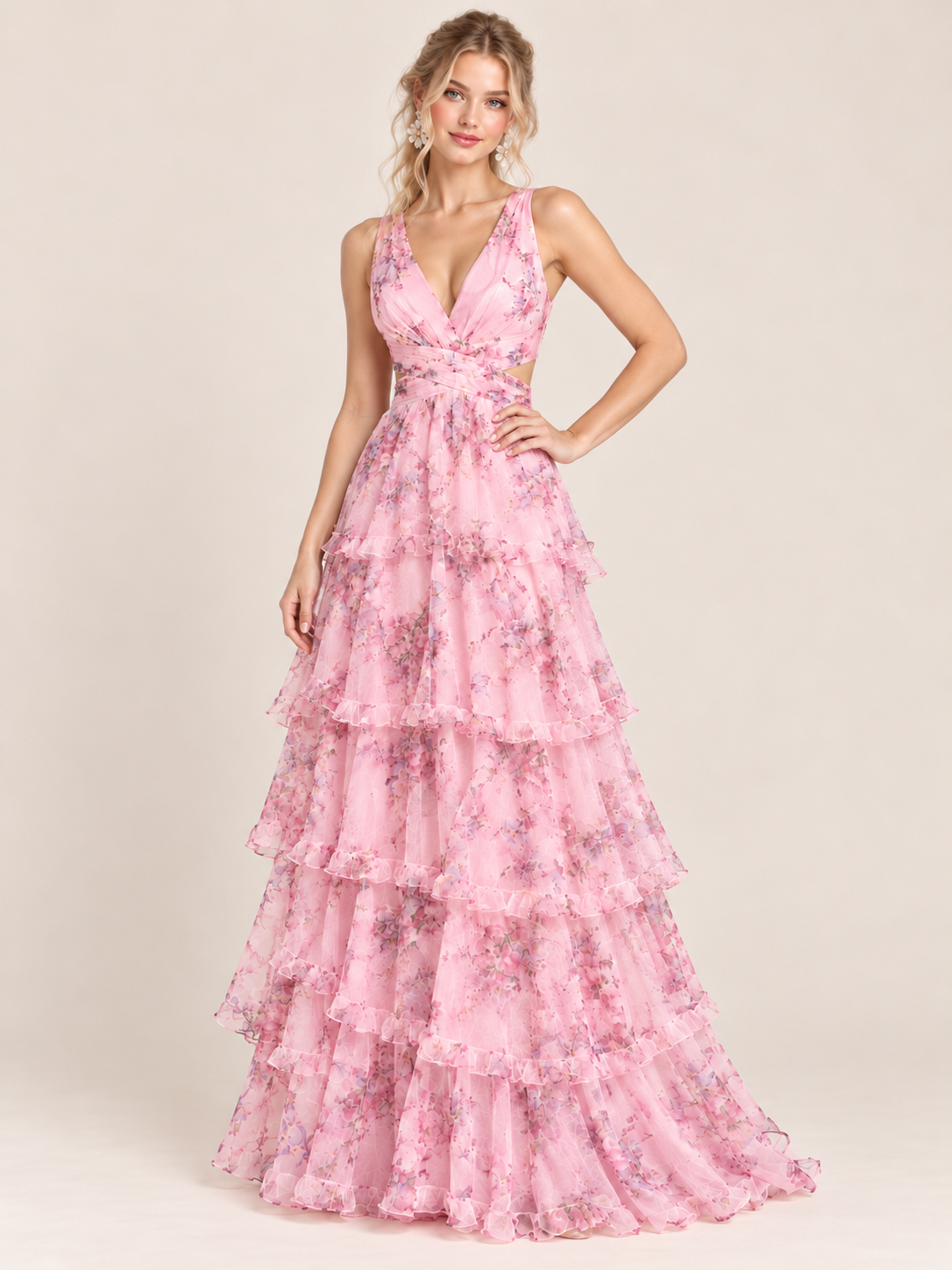 Pink Floral Tiered Ruffle A-Line Prom Dress