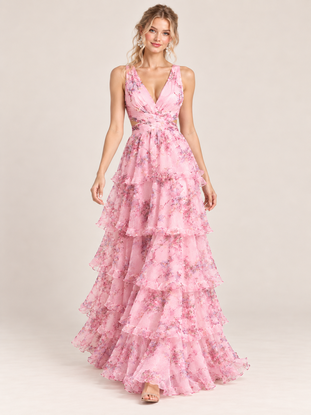 Pink Floral Tiered Ruffle A-Line Prom Dress