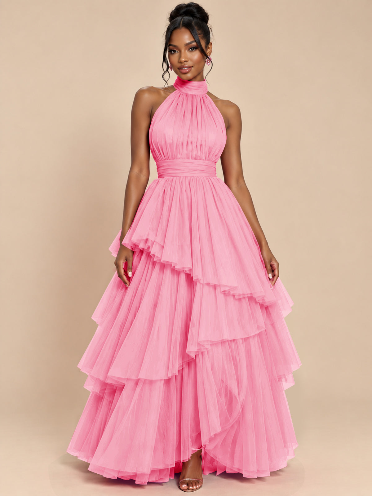 Hot Pink Tulle Halter Neck Tiered Ruffle Maxi Dress