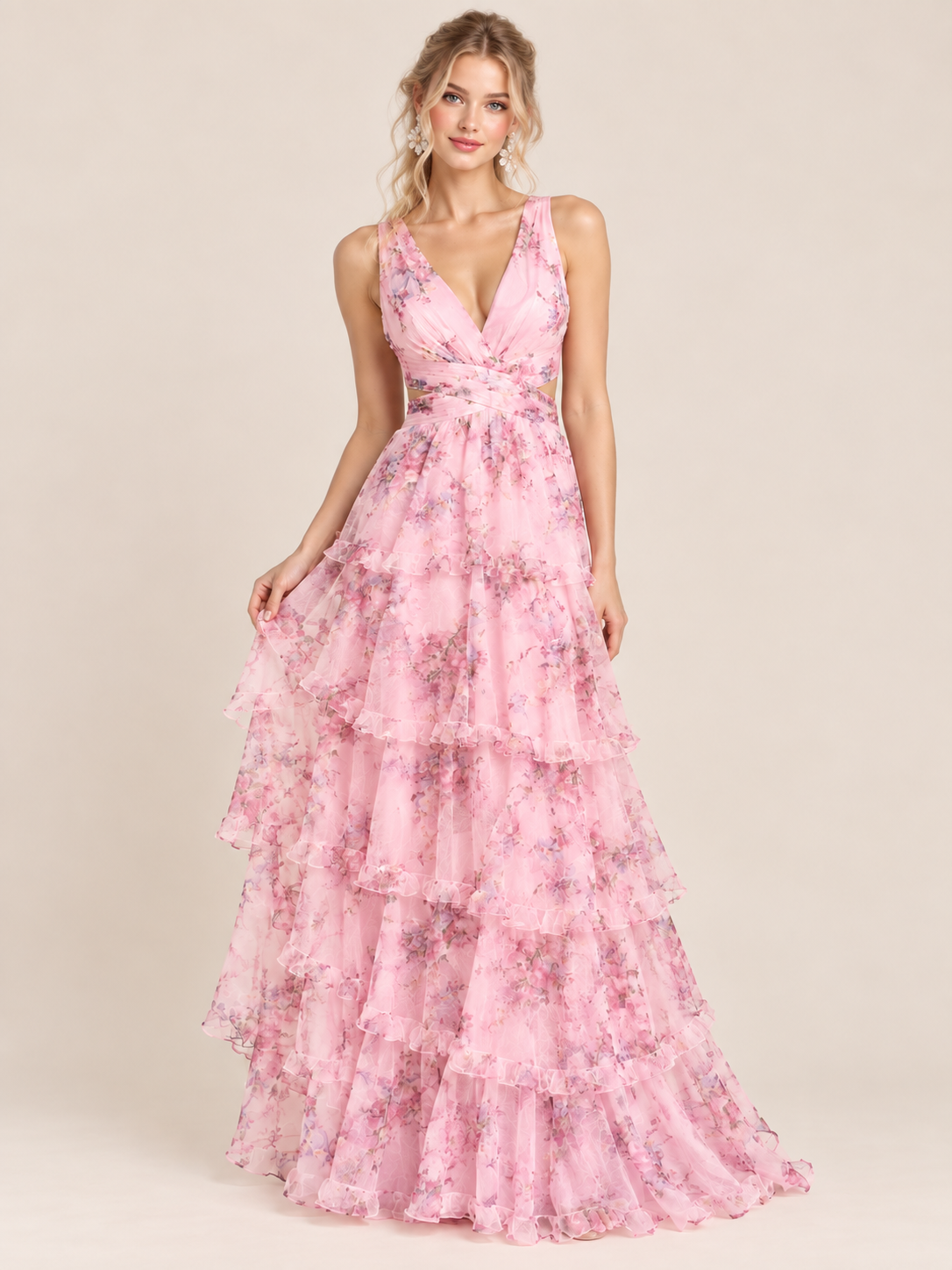 Pink Floral Tiered Ruffle A-Line Prom Dress