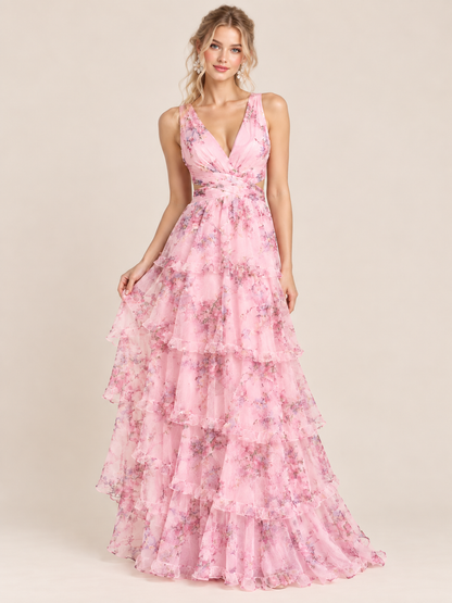 Pink Floral Tiered Ruffle A-Line Prom Dress