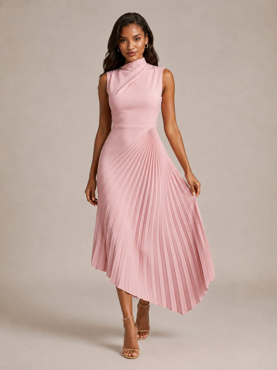 Pink High Neck Pleated Chiffon Midi Dress with Asymmetric Hem