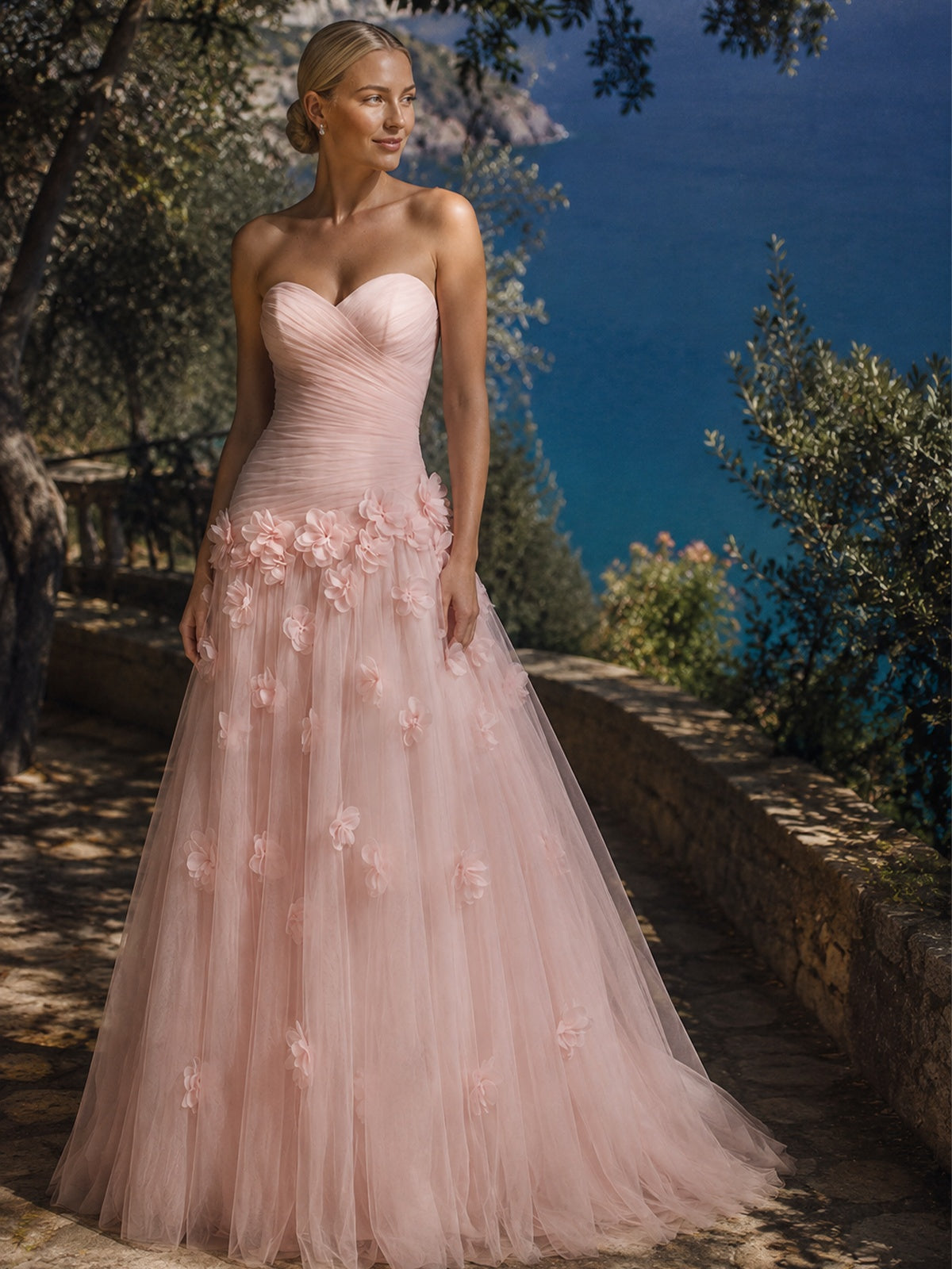 Blush Pink Strapless Sweetheart 3D Floral Tulle Ball Gown Prom Dres