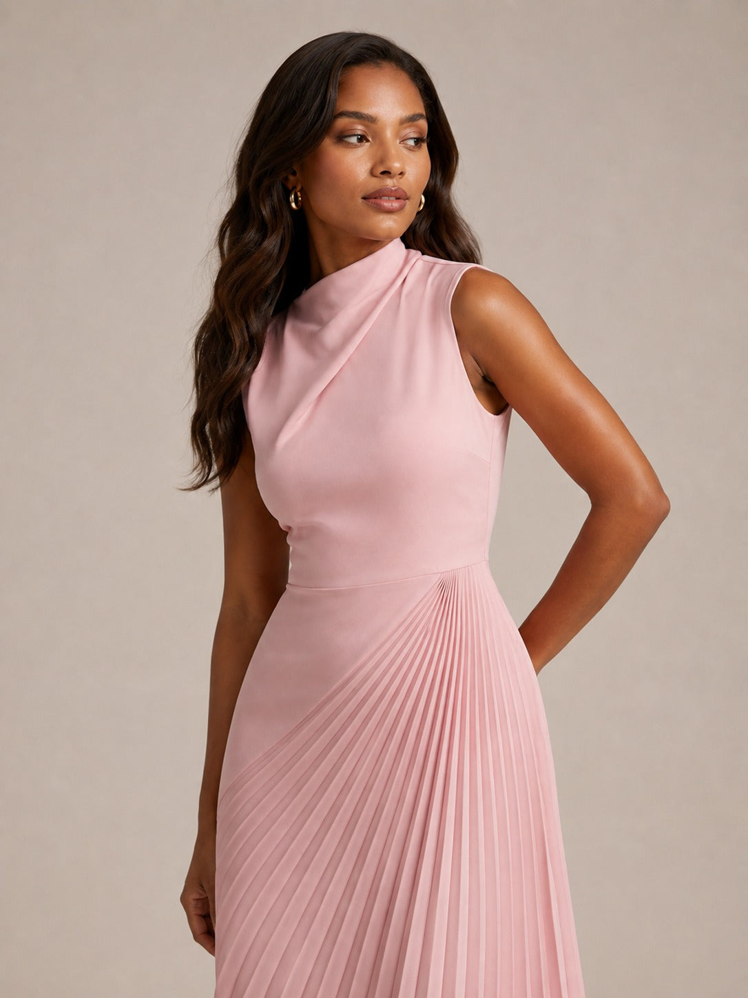 Pink High Neck Pleated Chiffon Midi Dress with Asymmetric Hem