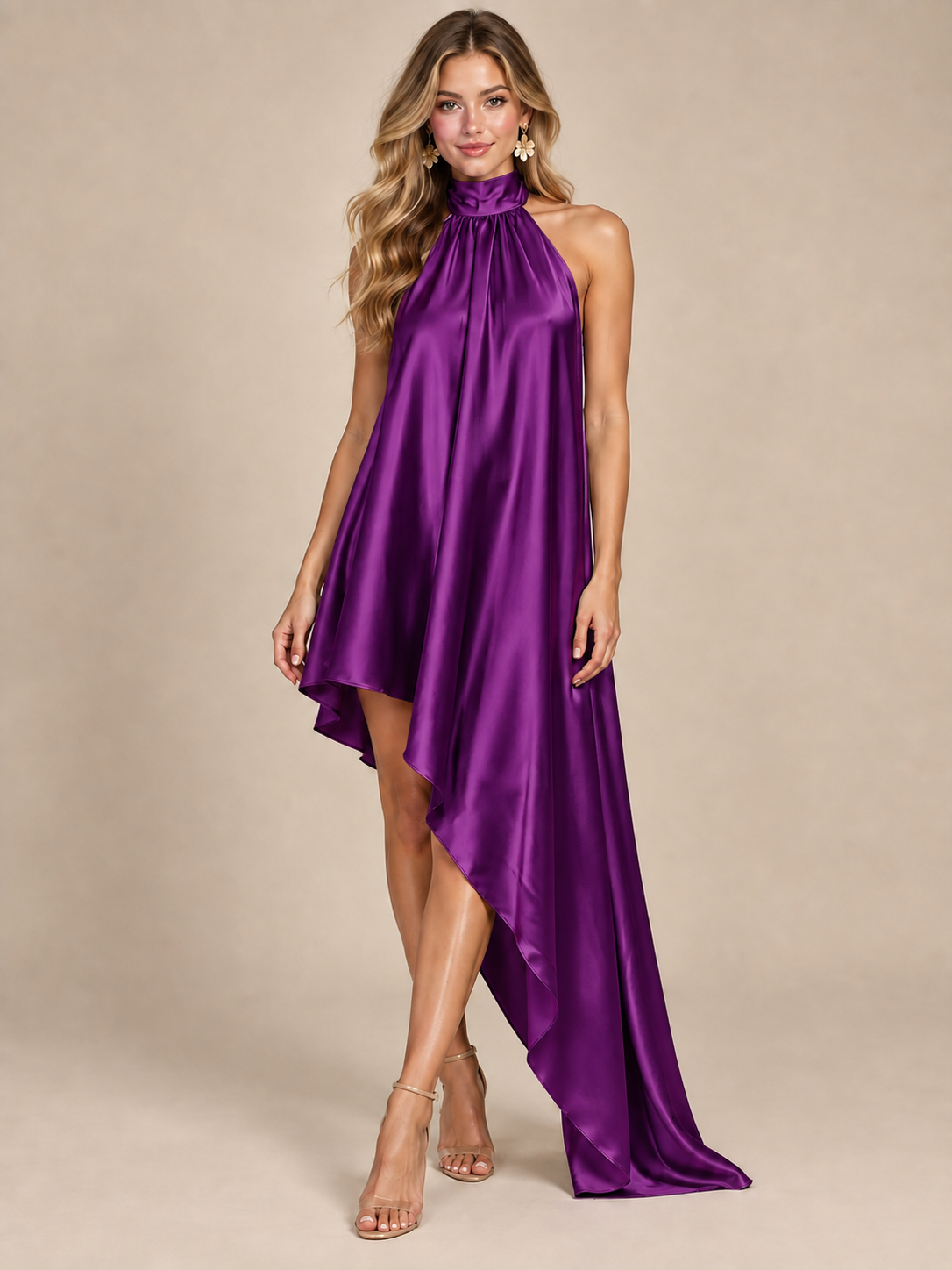 Sage Green Satin Halter Neck High-Low Maxi Dress