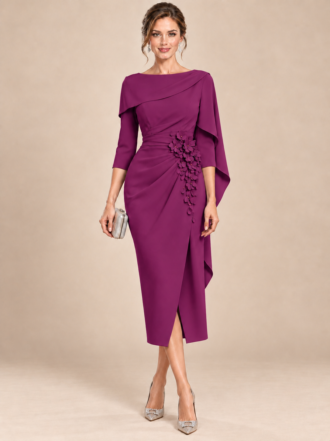 Light Blue Cape Sleeve Mother of the Bride Midi Dress with Floral Applique