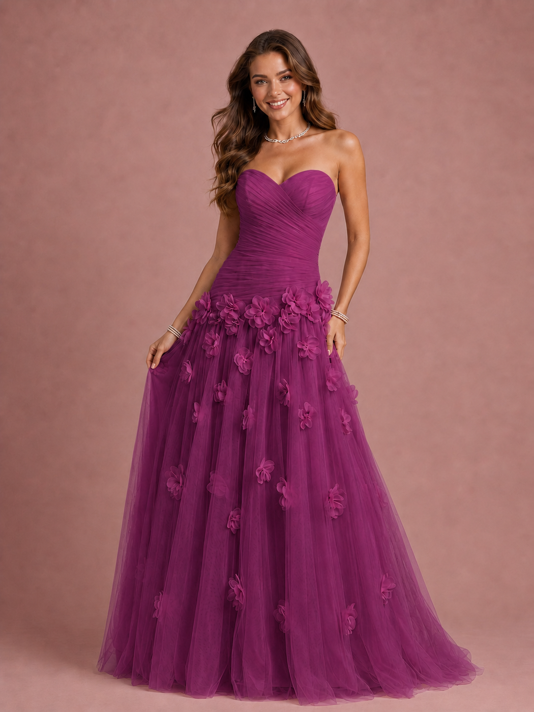 Blush Pink Strapless Sweetheart 3D Floral Tulle Ball Gown Prom Dres