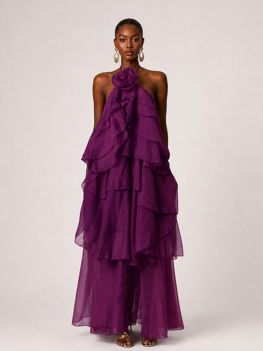 Orange Chiffon Halter Ruffle Maxi Dress with 3D Flower
