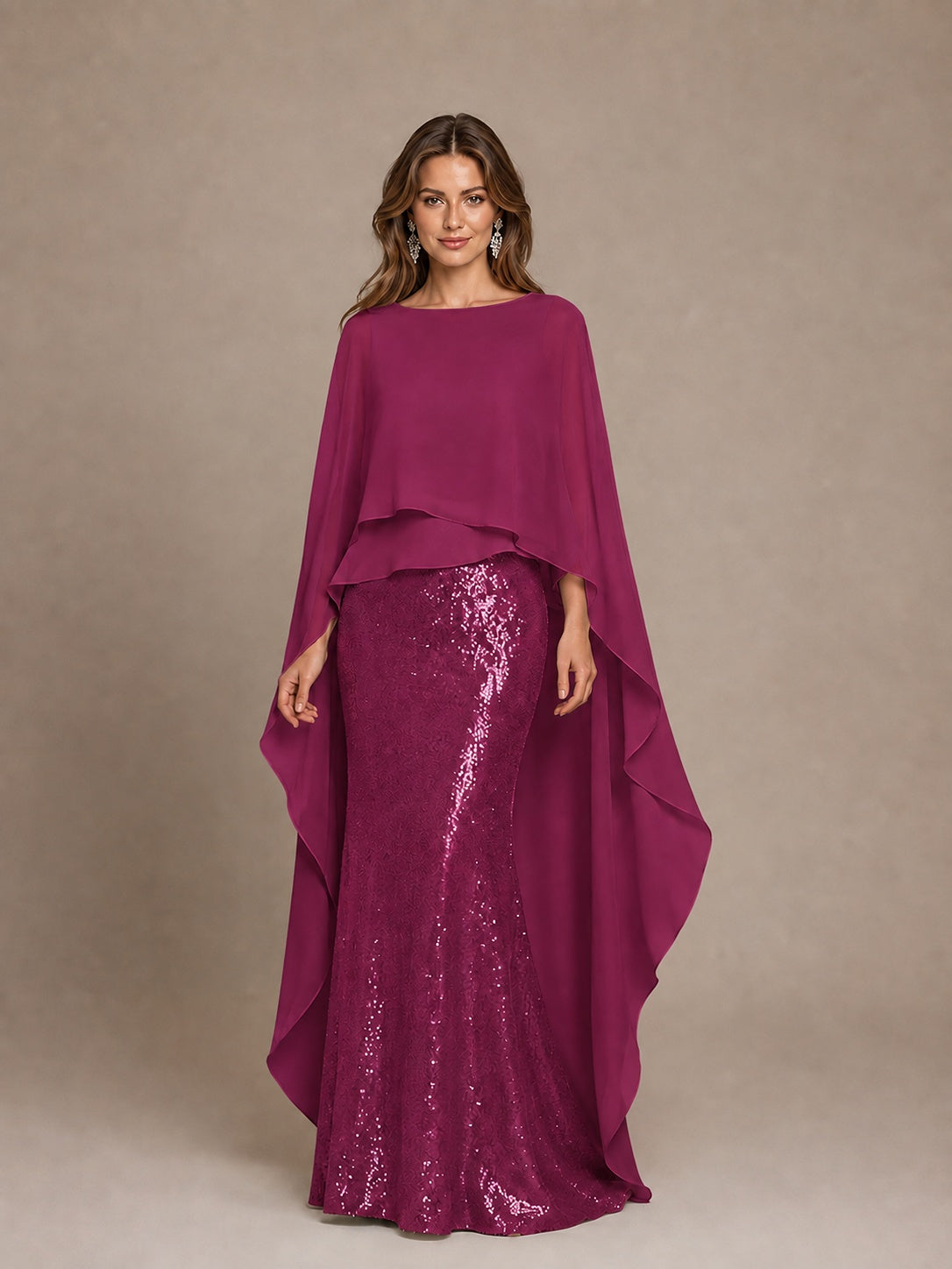 Sage Green Sequin Cape Sleeve Mother of the Bride Gown