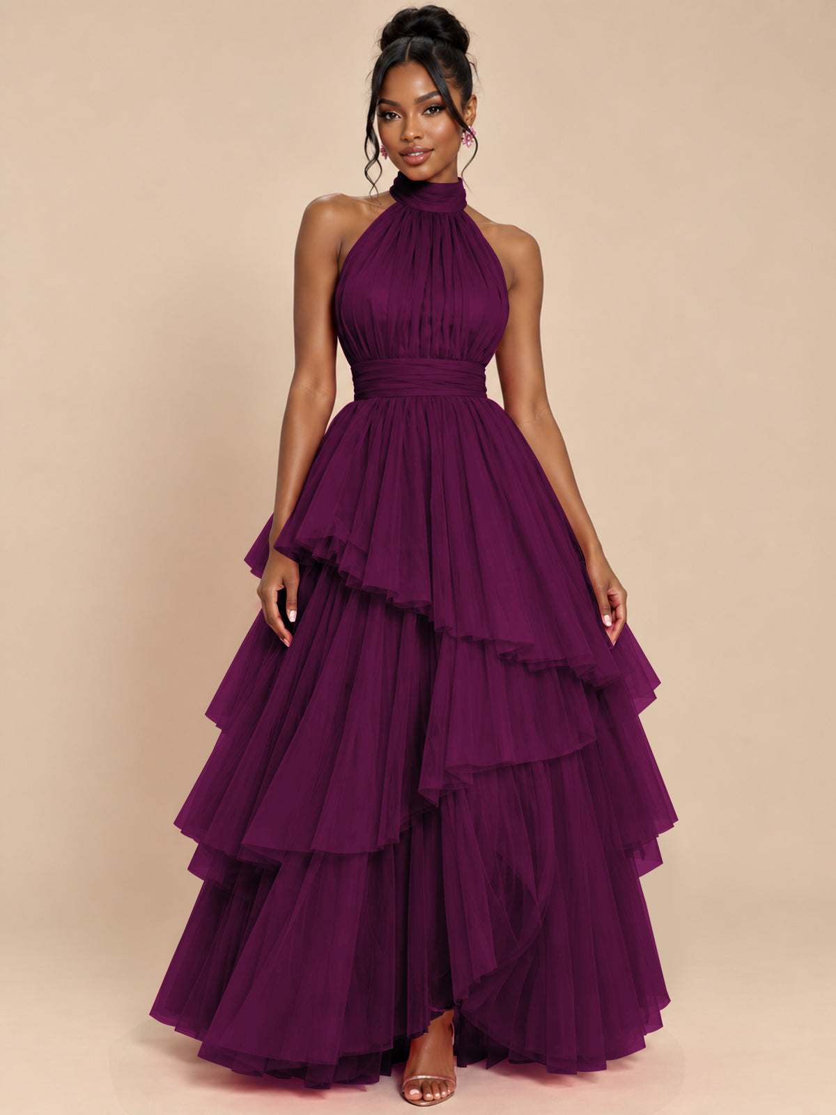 Hot Pink Tulle Halter Neck Tiered Ruffle Maxi Dress