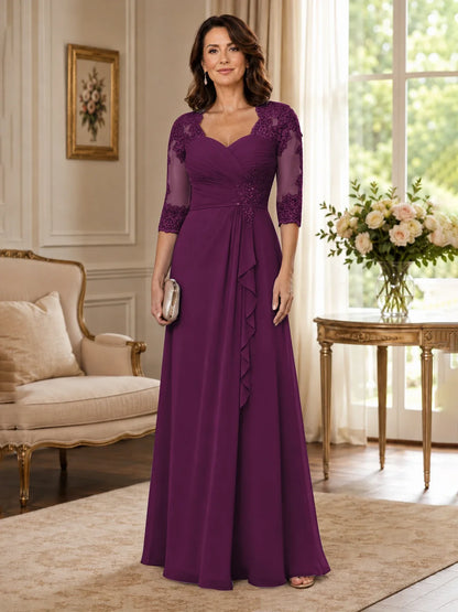 Chiffon Lace Applique Mother of the Bride Dress with 3/4 Sleeves