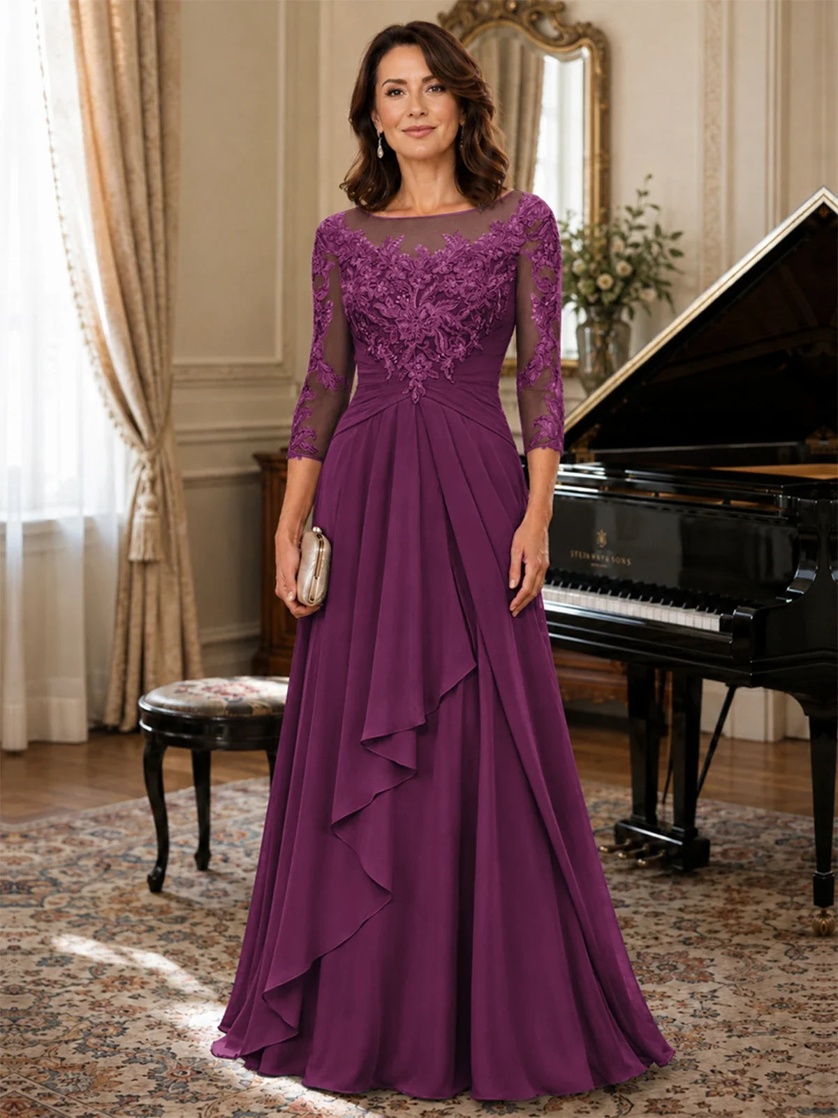 A-Line Chiffon Mother of the Bride Dress with Floral Applique 3/4 Sleeves