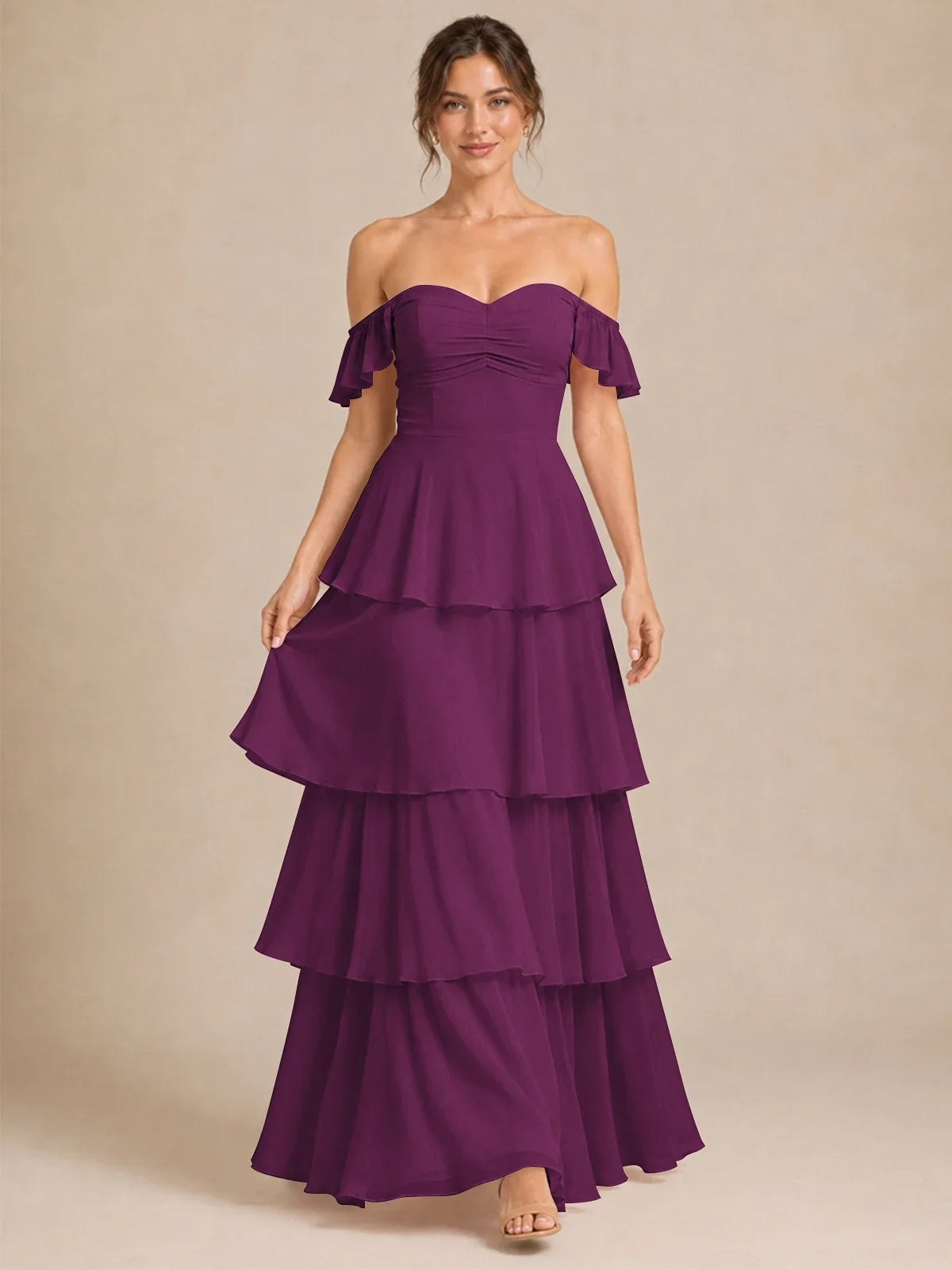 Off Shoulder Tiered Chiffon A-Line Bridesmaid Dress