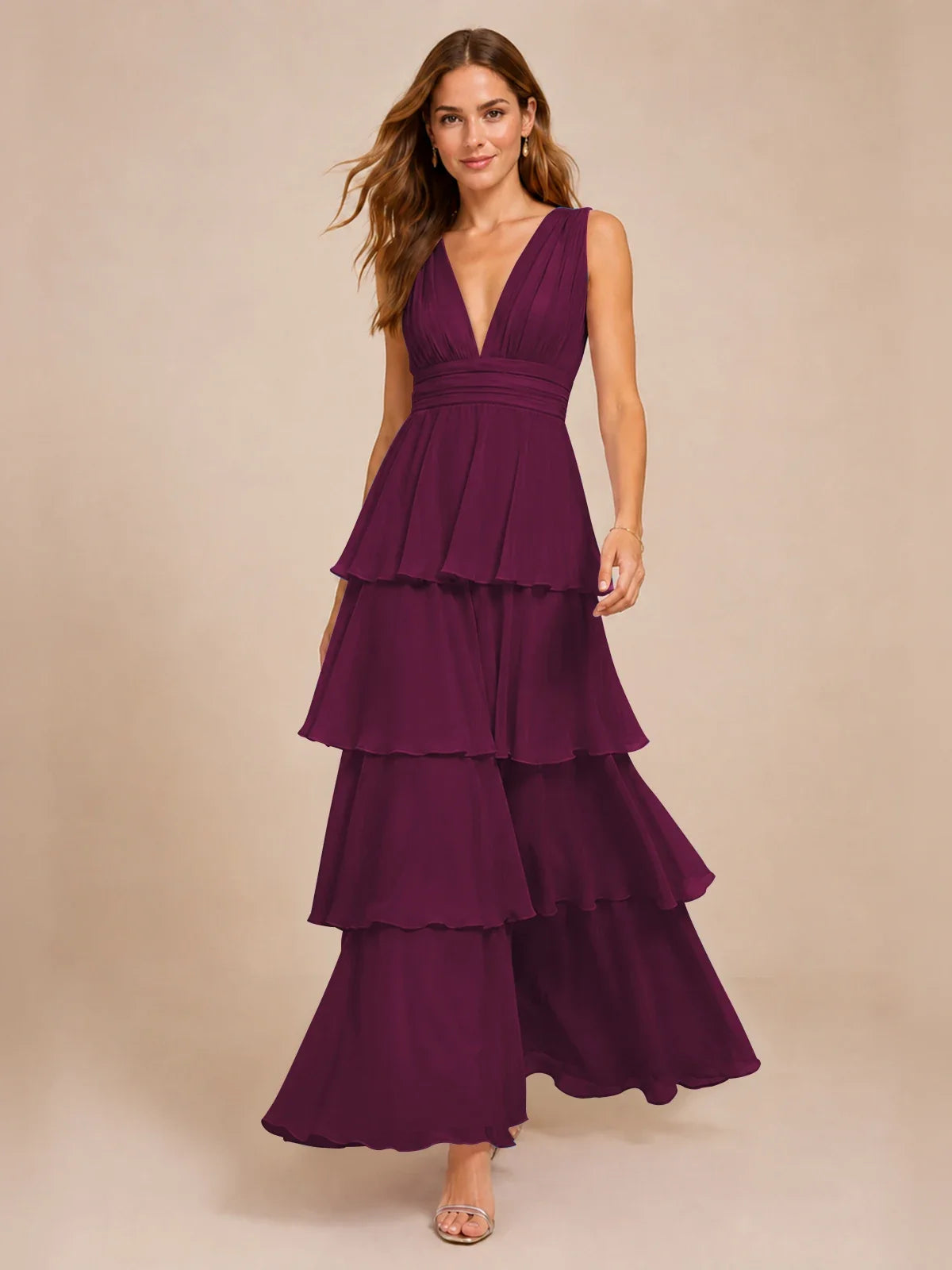 Elegant Deep V Neck Chiffon Bridesmaid Dress with Tiered Ruffles