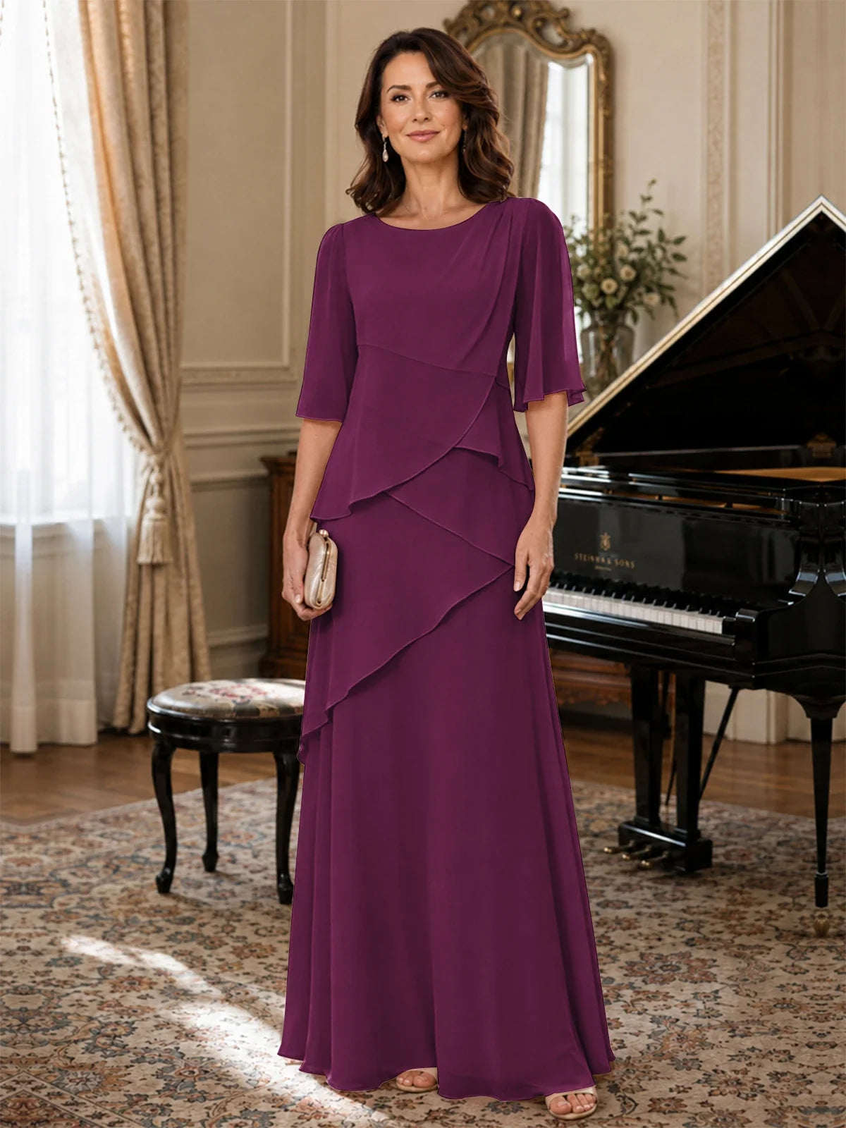 Asymmetric Draped Chiffon Mother of the Bride Dress with Flutter Sleeves