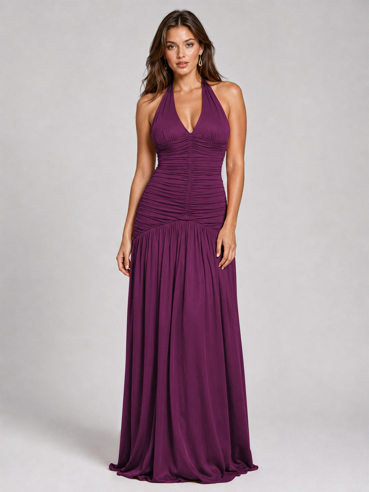 Burnt Orange Ruched Halter Drop-Waist Prom Dress