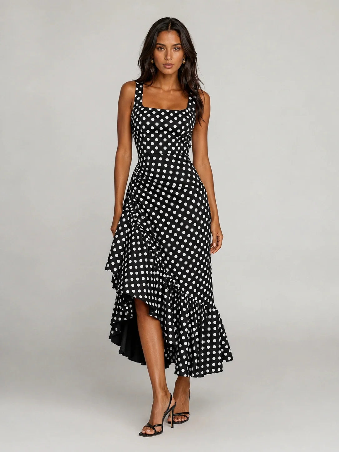 Black and White Polka Dot Ruffle Midi Dress