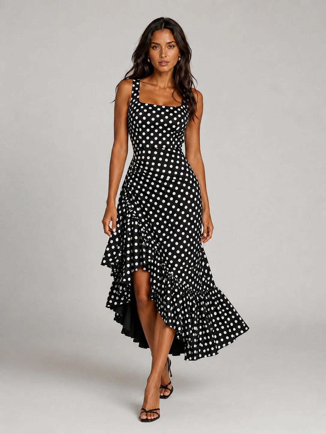 Black and White Polka Dot Ruffle Midi Dress