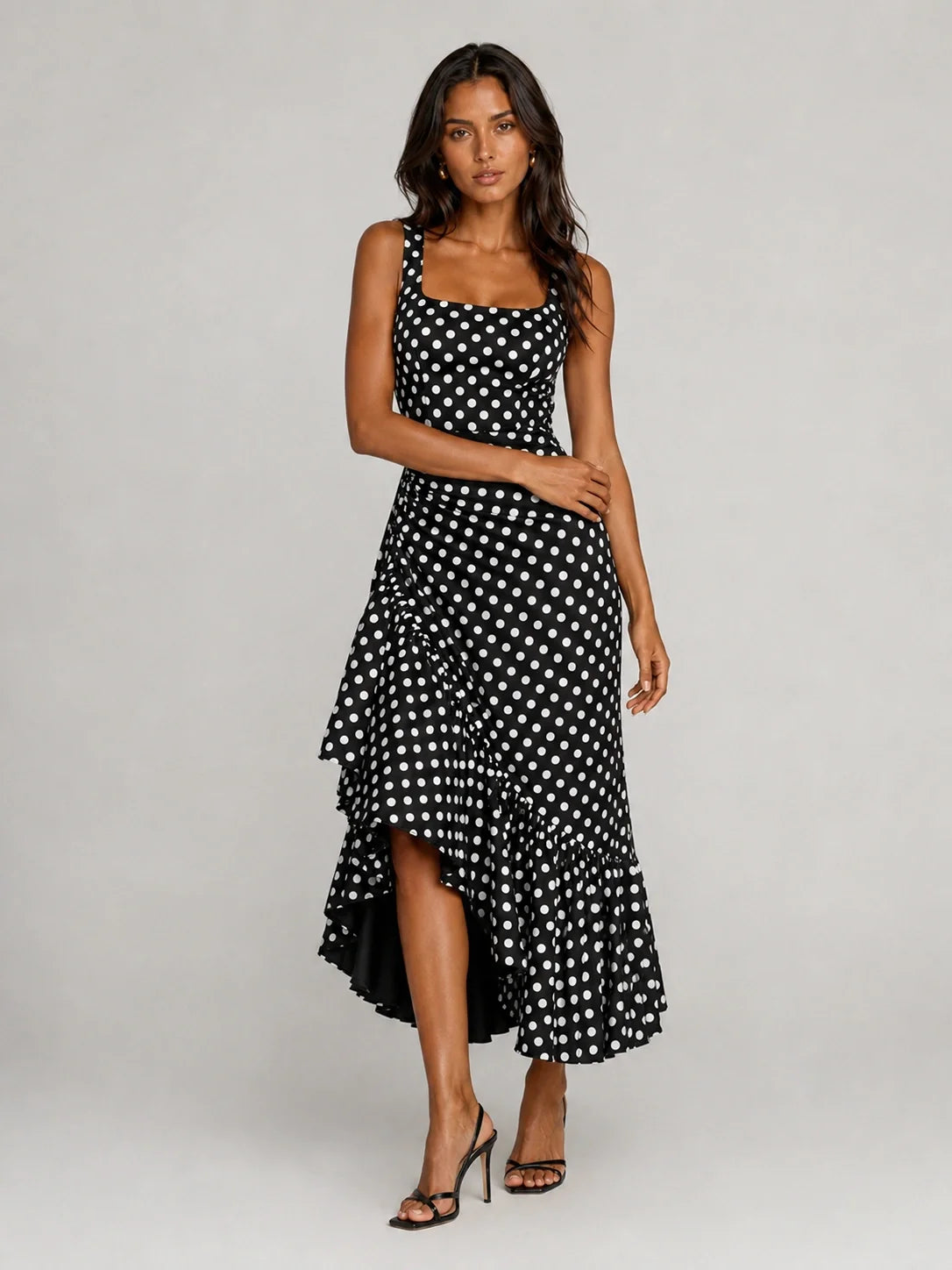 Black and White Polka Dot Ruffle Midi Dress
