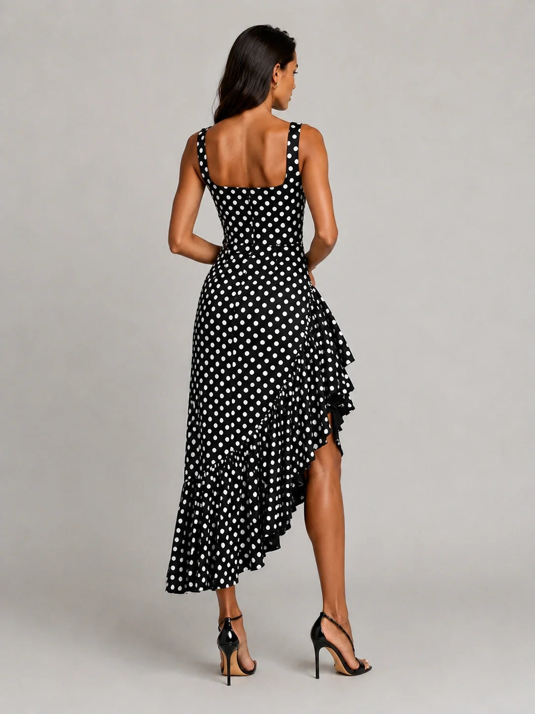Black and White Polka Dot Ruffle Midi Dress