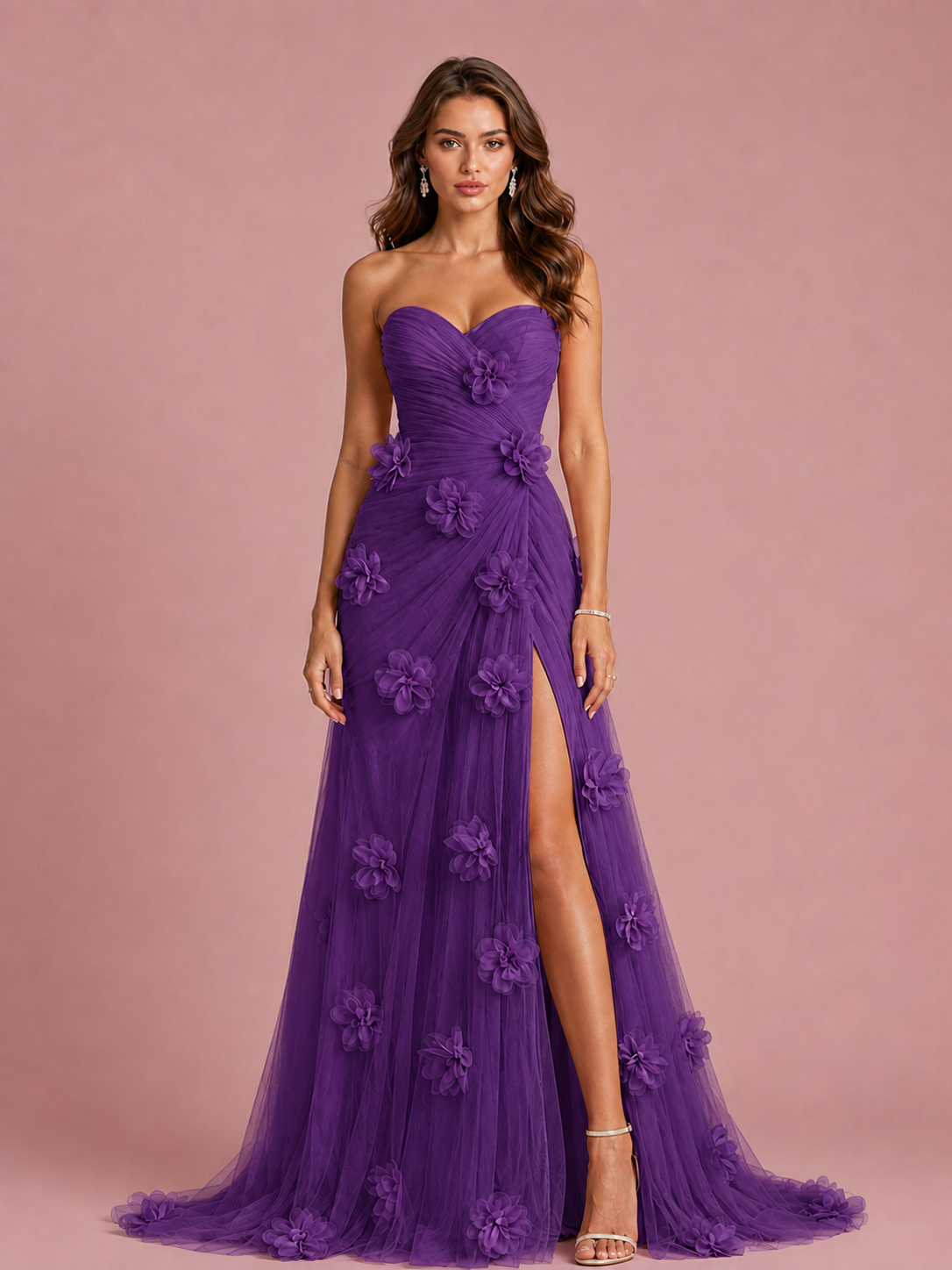 Pink 3D Floral Applique Strapless Tulle Prom Dress with High Slit