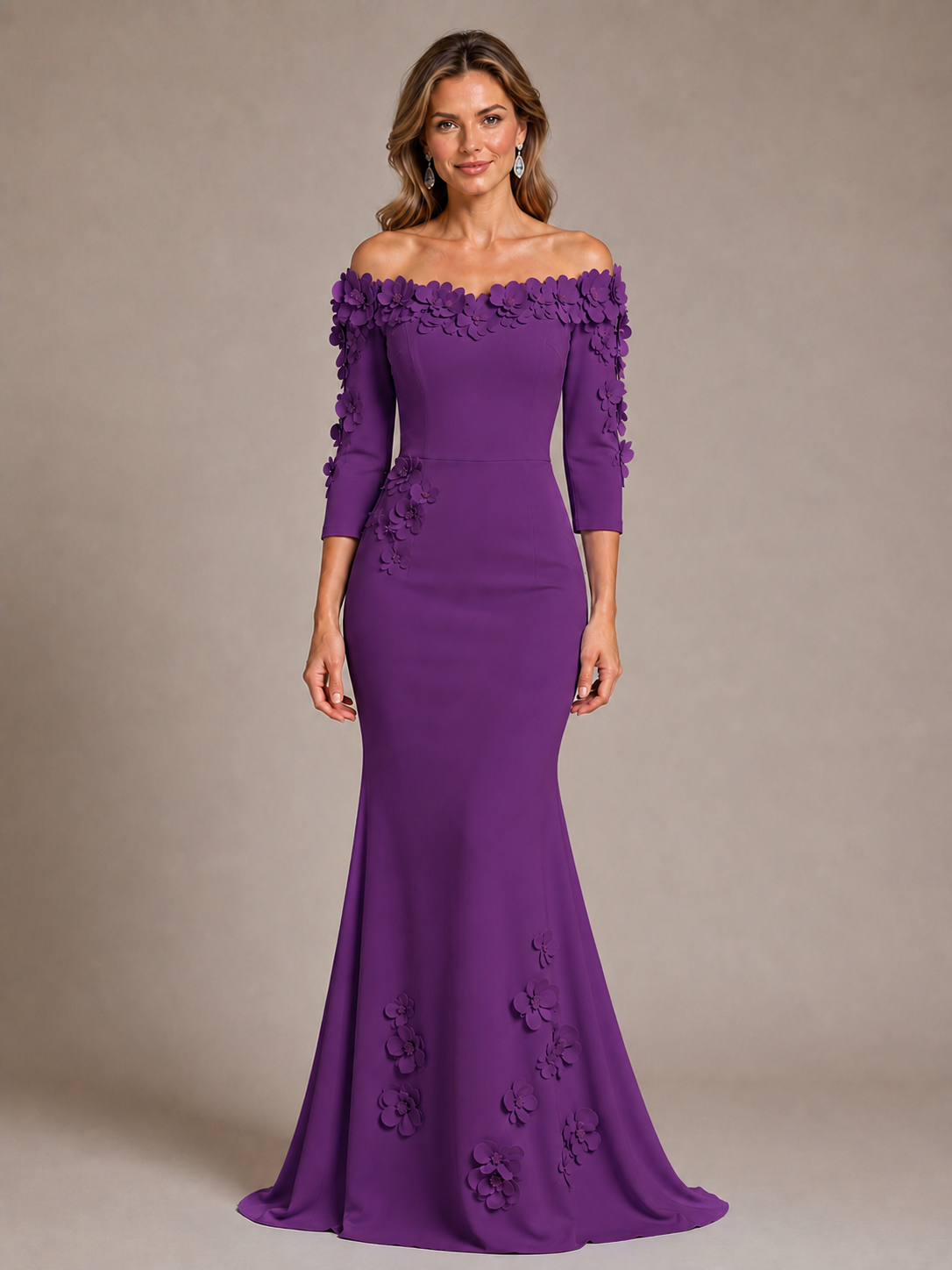 Light Blue 3D Floral Applique Off-the-Shoulder Mother of the Bride Dress