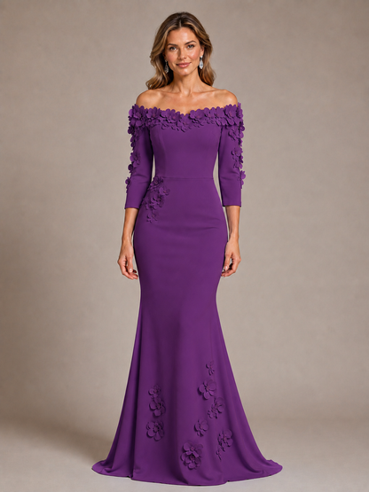 Light Blue 3D Floral Applique Off-the-Shoulder Mother of the Bride Dress