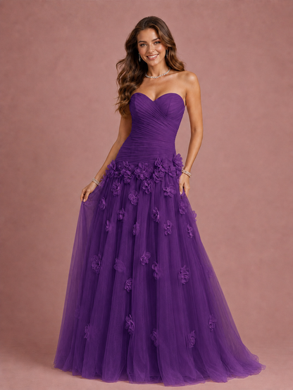 Blush Pink Strapless Sweetheart 3D Floral Tulle Ball Gown Prom Dres