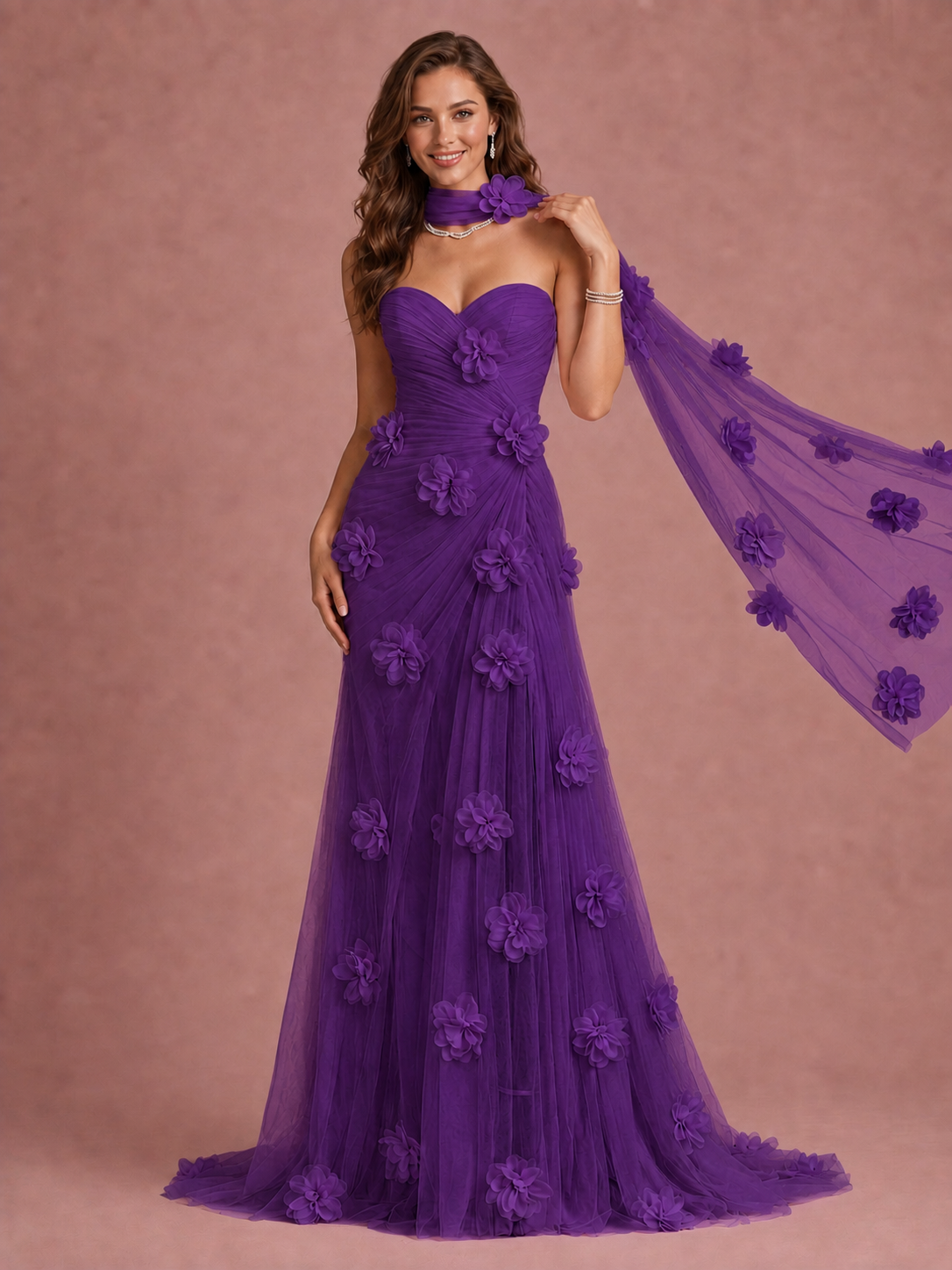 Blush Pink Strapless Sweetheart 3D Floral Tulle Mermaid Prom Dress
