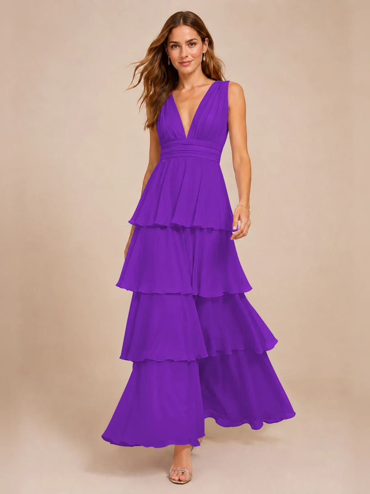 Elegant Deep V Neck Chiffon Bridesmaid Dress with Tiered Ruffles