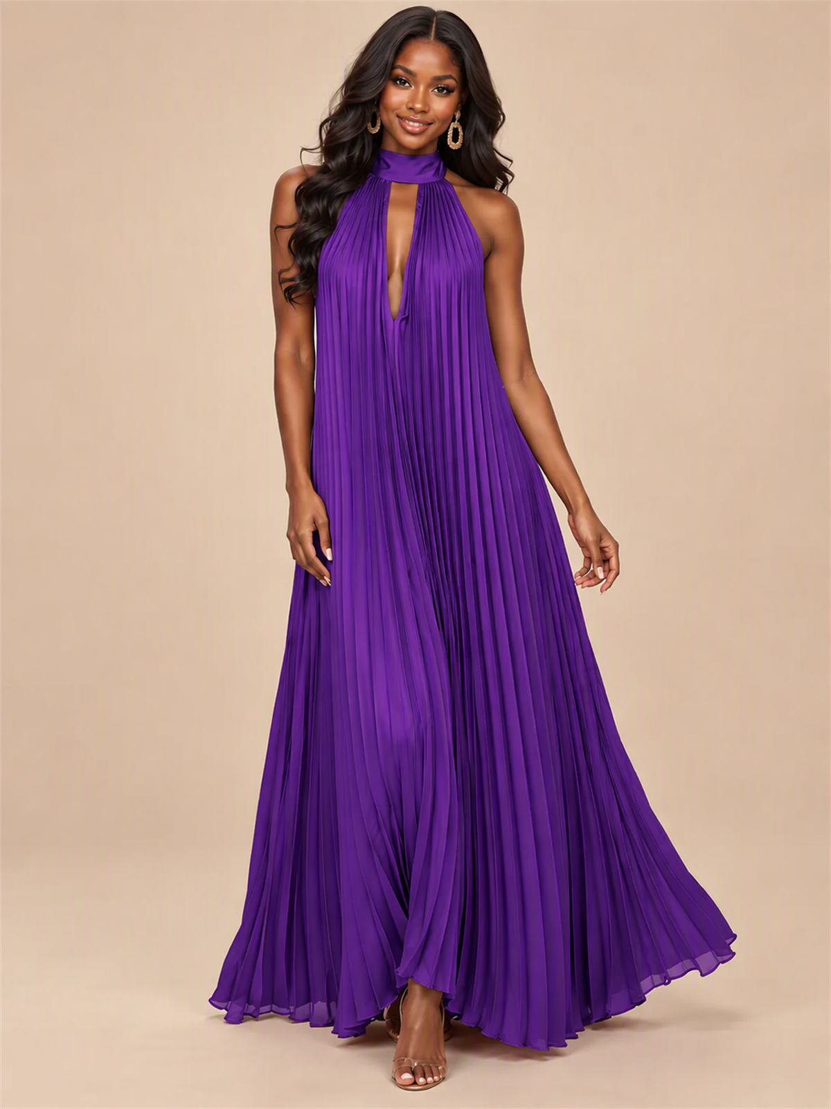 Rust Orange Pleated Halter Neck Maxi Dress